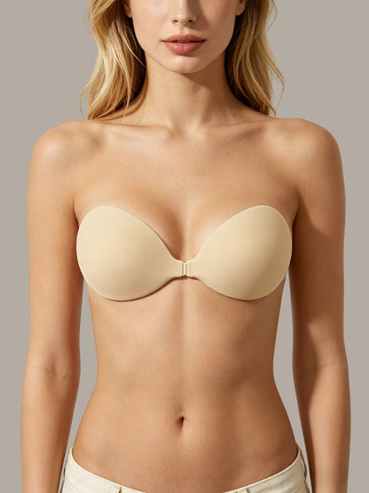 front view of invisible sticky bra, seamless nude strapless bra, natural shape enhancement