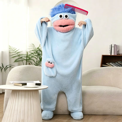 Soft blue cartoon monster onesie pajamas for lounging