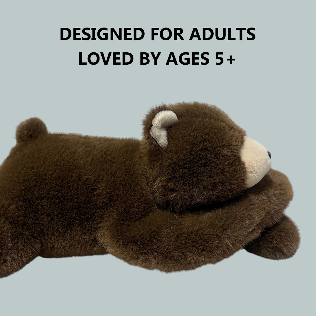 close up of soft weighted plush bear face showing cozy comforting stress relief toy