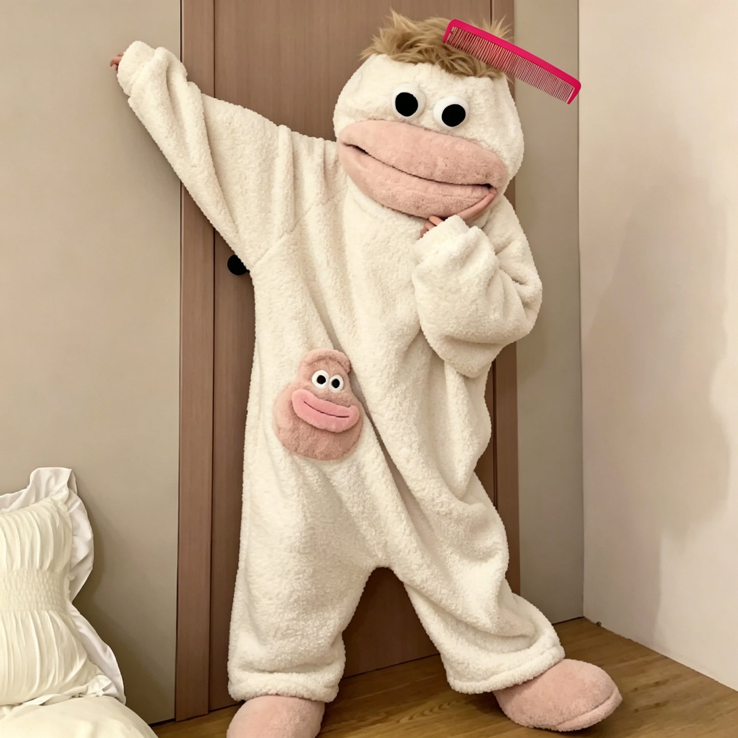 Soft white oversized monster onesie with cute cartoon design