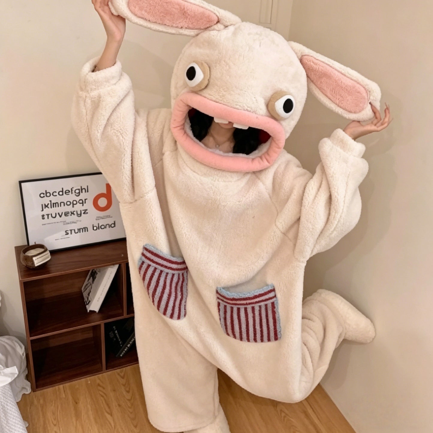 White cute monster hooded pajama outfit with oversized fit
