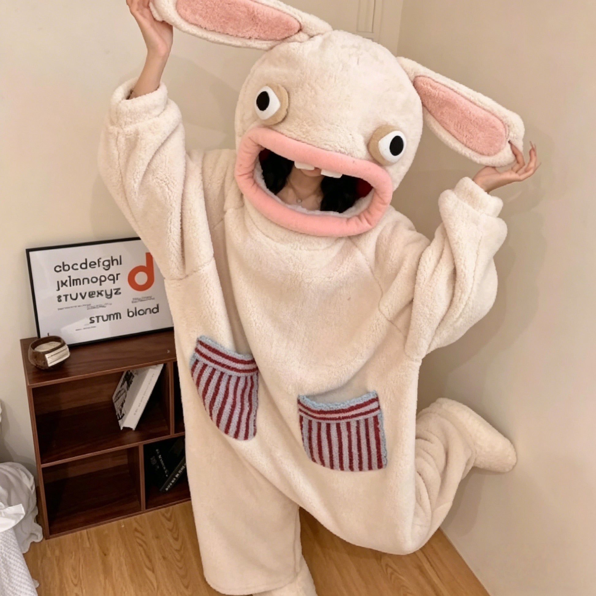 White cute monster hooded pajama outfit with oversized fit