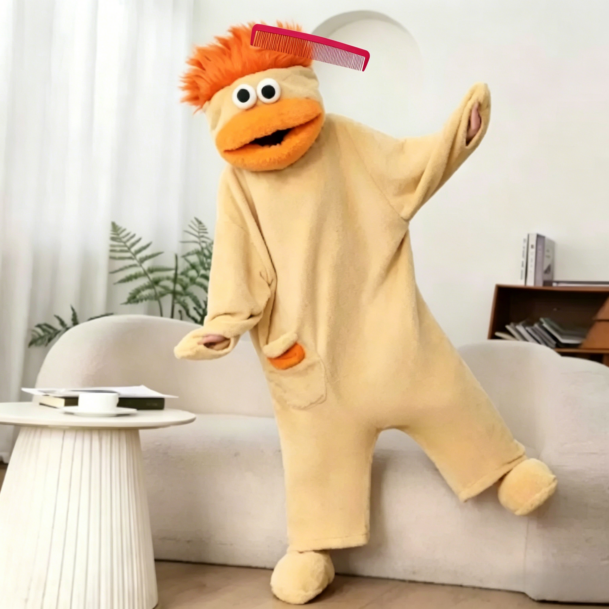 Yellow oversized plush monster onesie with hood and pocket