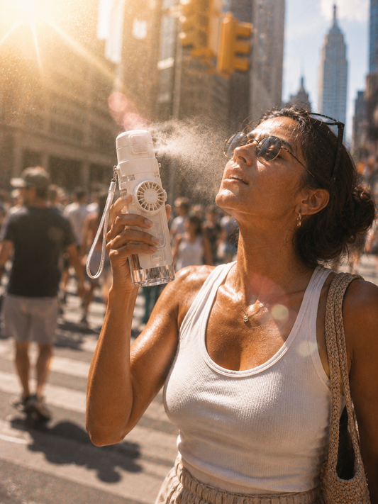 Matcha mint handheld mist fan cooling a woman in NYC heatwave street style, refreshing summer hydration aesthetic