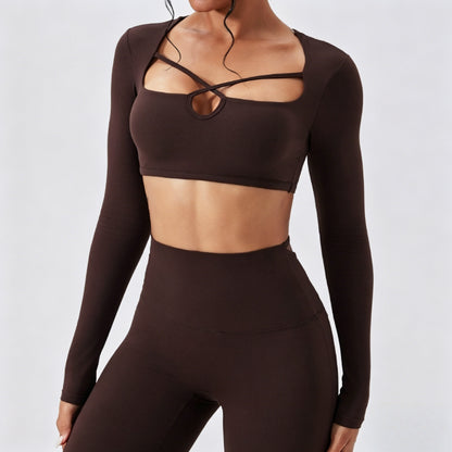 Women’s mocha brown matching cutout crop top and high waist leggings set with soft sculpting stretch fabric