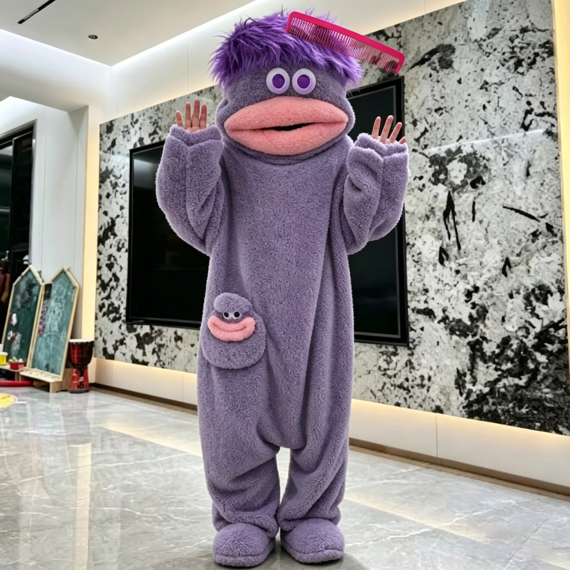 Adult wearing purple fuzzy monster pajama onesie costume