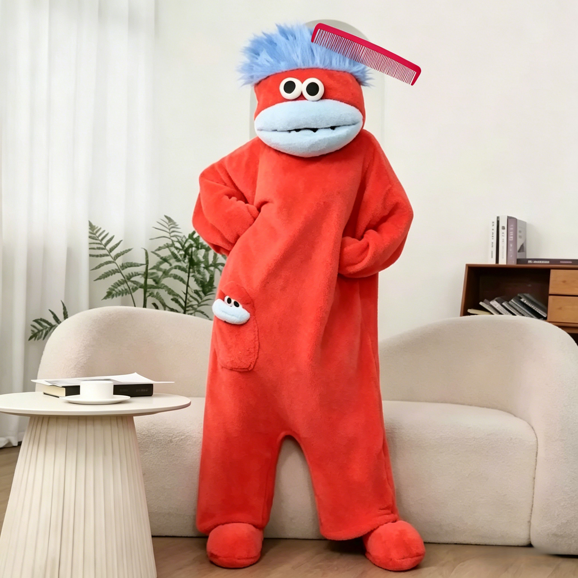 Cozy red cartoon monster pajama jumpsuit for adults
