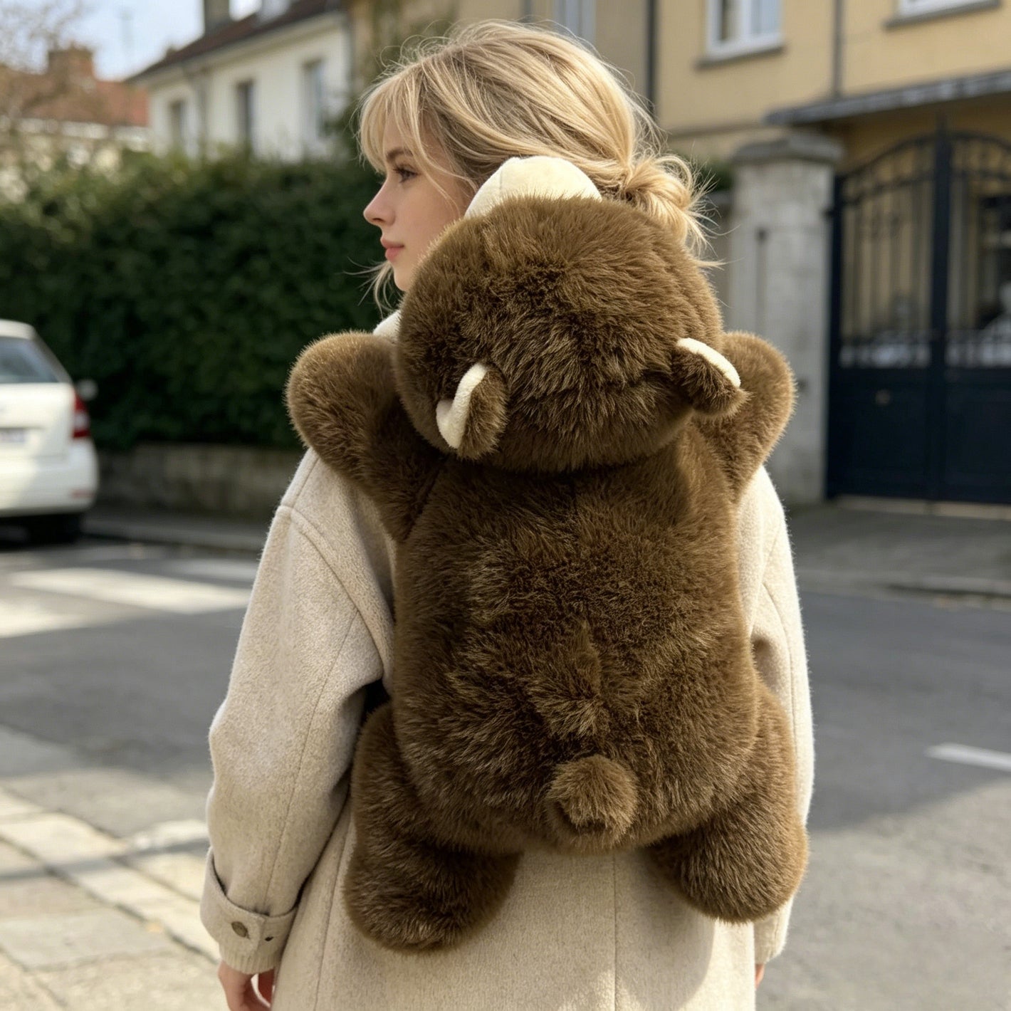 woman wearing soft weighted plush bear around shoulders for relaxation stress relief and cozy comfort at home
