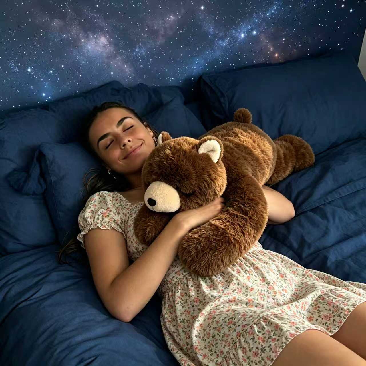 person relaxing in bed with weighted plush bear to reduce anxiety and improve sleep quality
