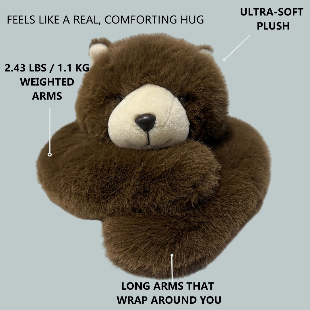 brown soft weighted plush bear lying down showing long arms and cozy plush texture