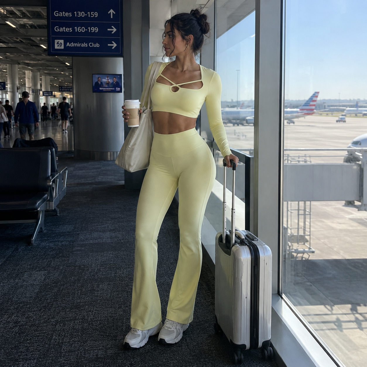 Woman wearing butter yellow activewear airport outfit with sculpting fit and comfortable travel style