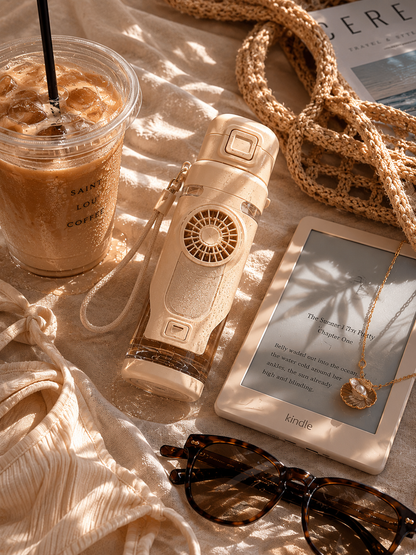 Vanilla cream cooling mist fan beside Kindle and iced latte on linen fabric, cozy Pinterest clean girl summer flatlay