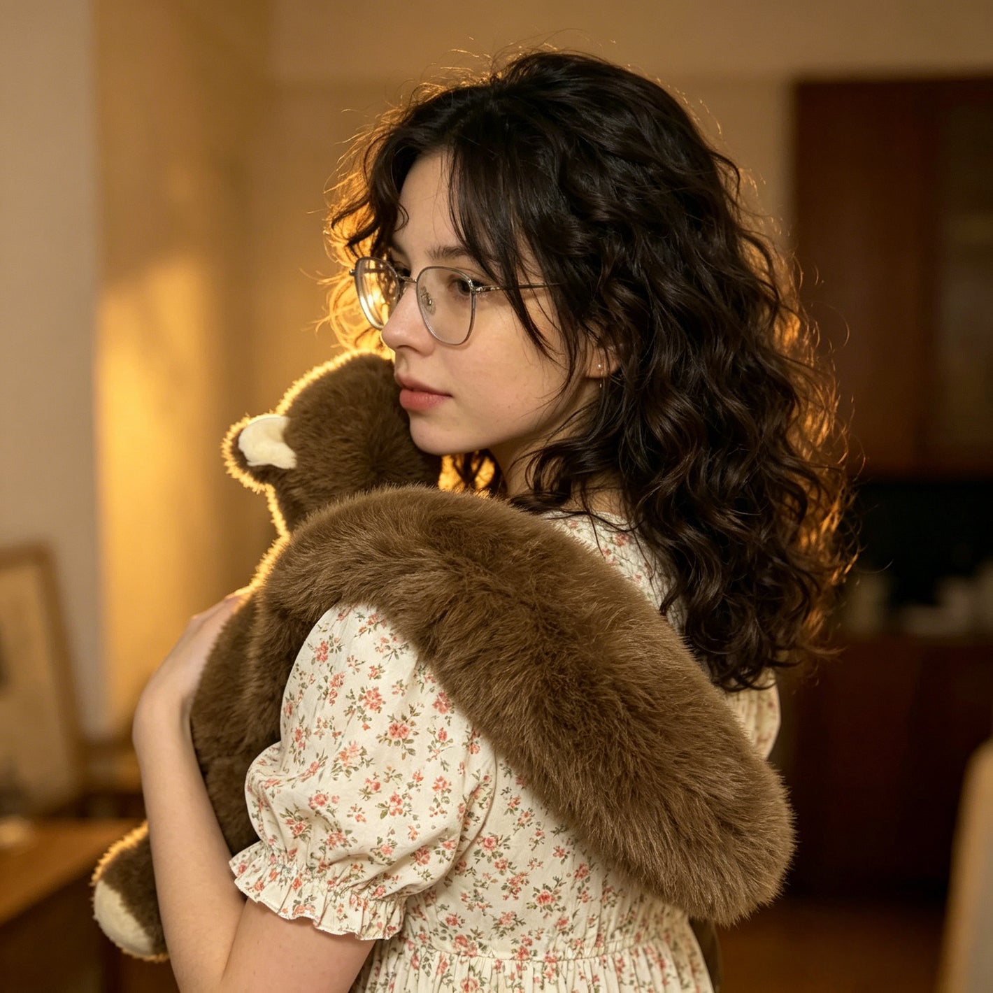 woman wearing weighted plush bear on shoulders outdoors for comfort hug stress relief and emotional support