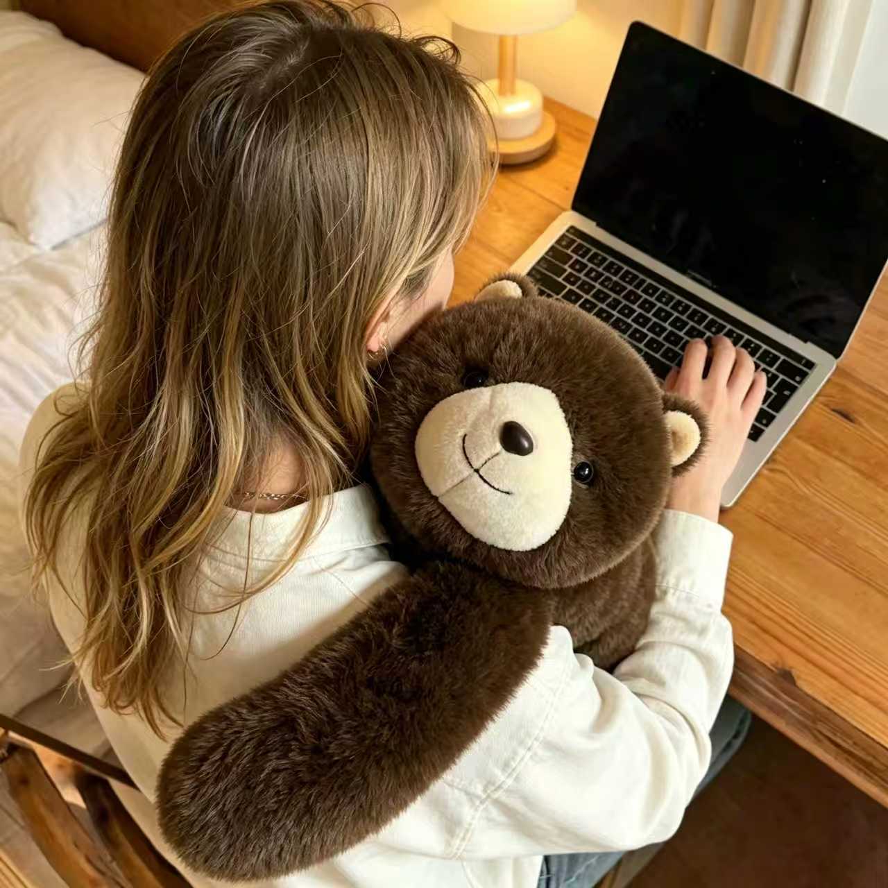 person working on laptop with weighted plush bear wrapped around shoulders for stress relief and comfort