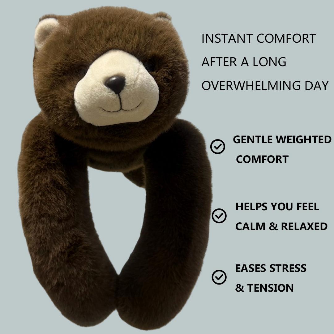 soft weighted plush bear with long arms designed for calming comfort and stress relief
