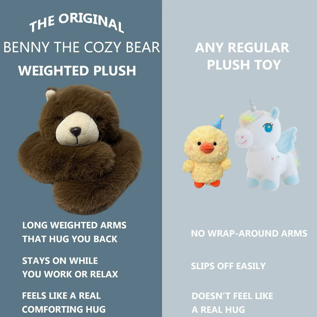 comparison between weighted plush bear with long arms and regular plush toy showing comfort hug