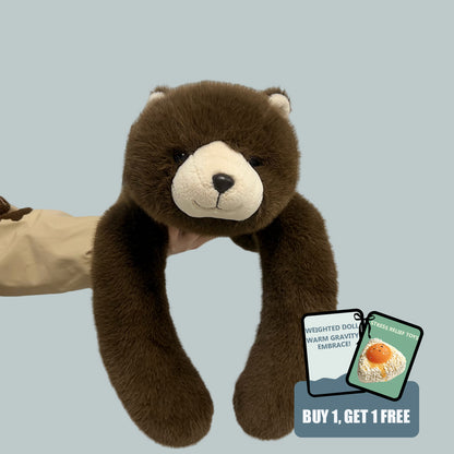 brown weighted plush bear with long arms and free egg onigiri squishy stress relief toy bundle