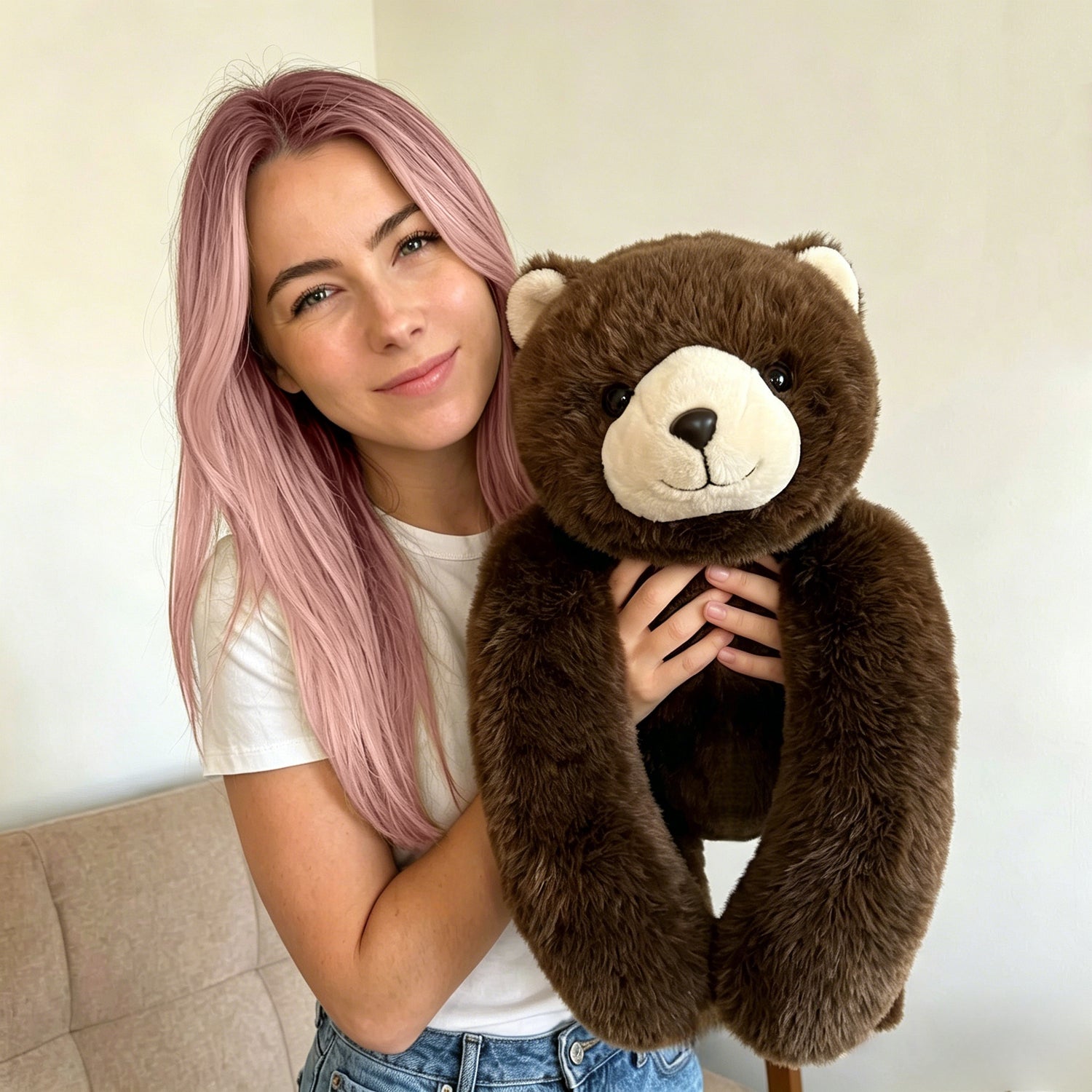 woman holding soft weighted plush bear with long arms for stress relief and comfort at home